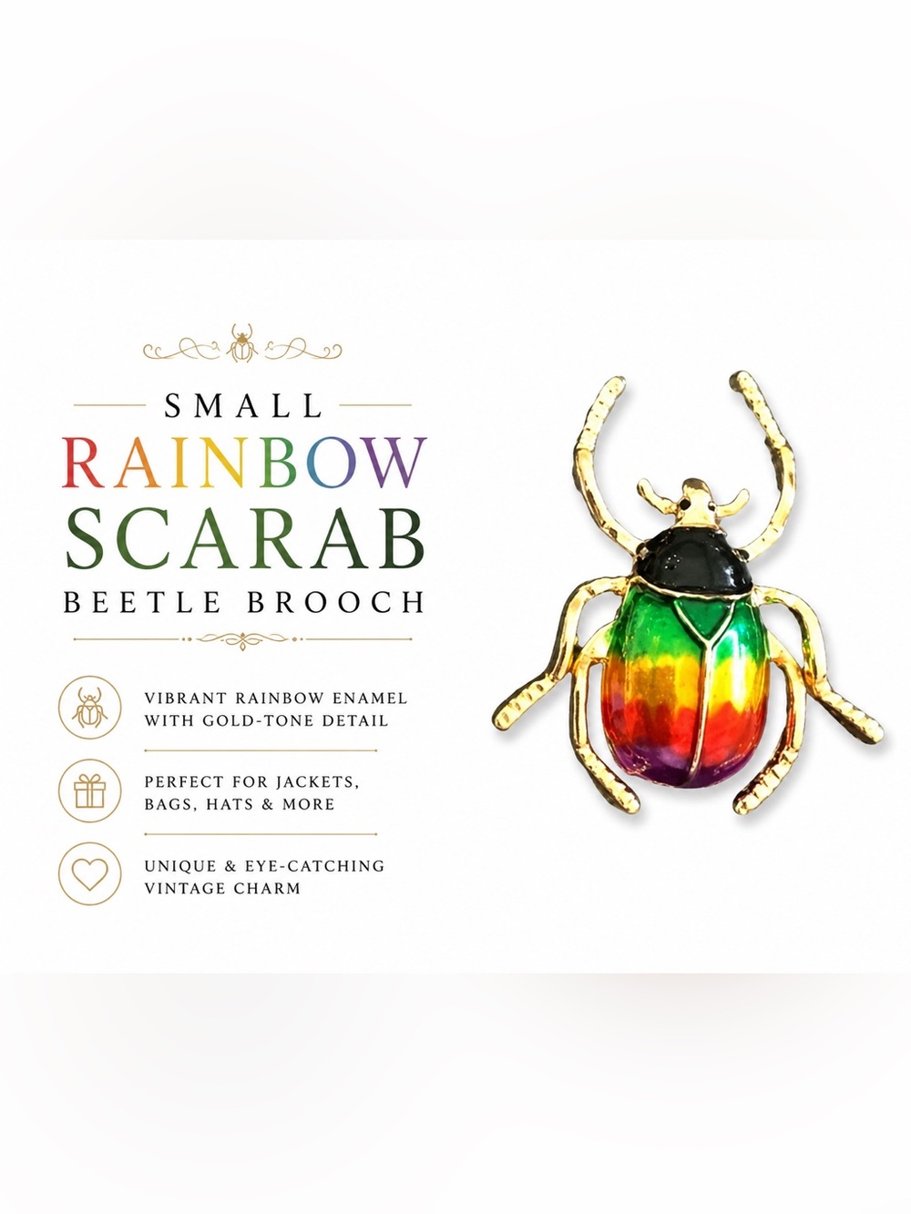 Rainbow Scarab Beetle Brooch | Enamel Bug Pin | Gold Tone Insect Jewelry